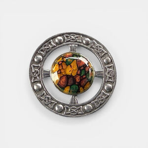 1960s Scottish Style Brooch 2 Inch Celtic Knot Pin Heather Gem Style Cabochon